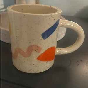 Speckled Ceramic Mug with Abstract Color Blocks - Cream, Blue & Orange